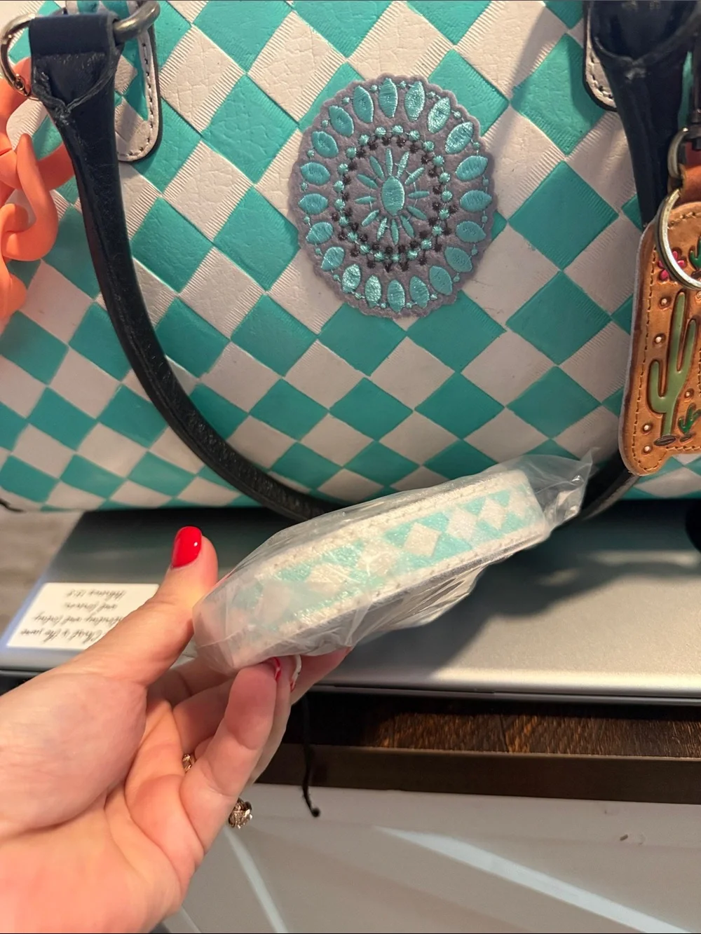 Turquoise & Cream Checker Dome Satchel with Coral Chain Accents